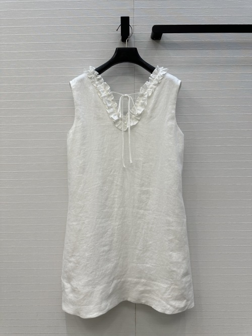 Row Sleeveless Linen Mini Dress with Ruffle Trim and Tie Detail - Versatile Style 1 Row Sleeveless Linen Mini Dress with Ruffle Trim and Tie Detail - Versatile Style