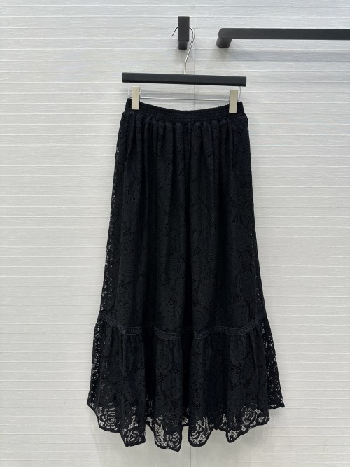 Elegant Black Lace Midi Skirt with Ruffle Hem and Elastic Waistband 1 Elegant Black Lace Midi Skirt with Ruffle Hem and Elastic Waistband