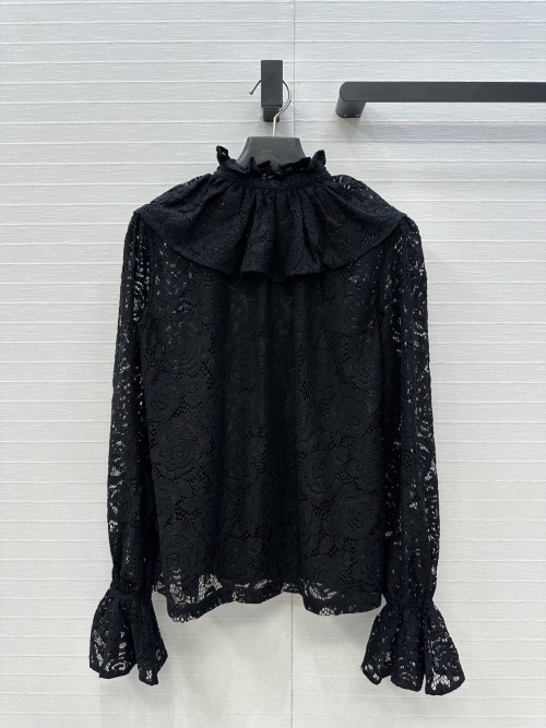 Elegant Black Lace Blouse with High Collar and Ruffle Cuffs - Versatile Style 1 Elegant Black Lace Blouse with High Collar and Ruffle Cuffs - Versatile Style