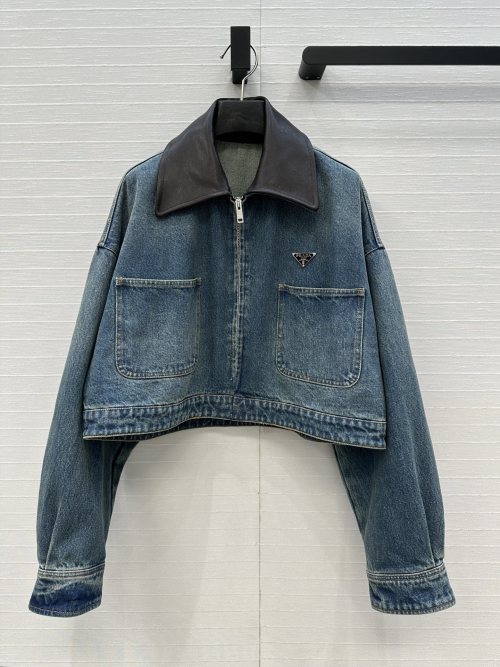 Prada Vintage Leather Collar Denim Jacket, Cropped Fit, Metal Logo 1 Prada Vintage Leather Collar Denim Jacket, Cropped Fit, Metal Logo