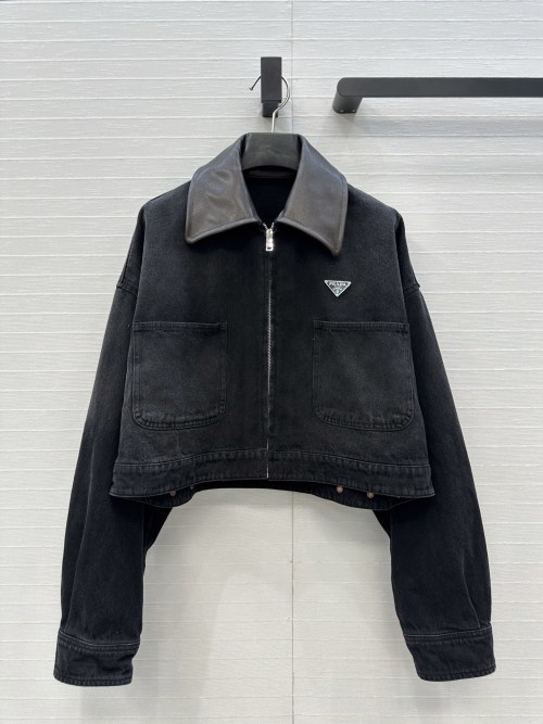 PRADA Leather-Collar Denim Jacket, Vintage Wash, Cropped Fit 1 PRADA Leather-Collar Denim Jacket, Vintage Wash, Cropped Fit