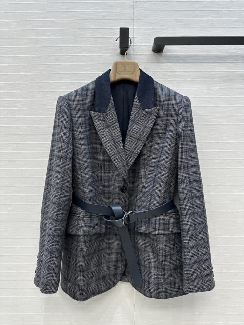 Women's Early Autumn Gray-Blue Plaid Wool Blend Blazer with Belt 1 Women's Early Autumn Gray-Blue Plaid Wool Blend Blazer with Belt