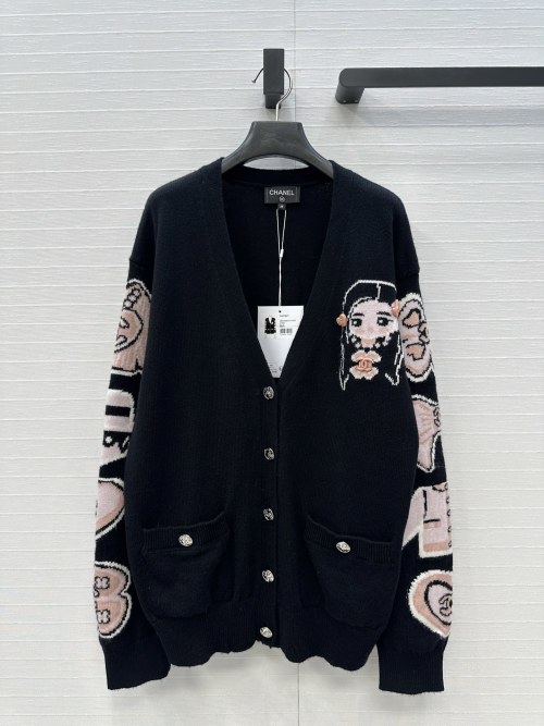 Chanel Black and Pink Cartoon Knit Cardigan, Jennie Design, Relaxed Fit 1 Chanel Black and Pink Cartoon Knit Cardigan, Jennie Design, Relaxed Fit