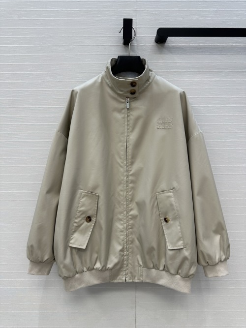 Miu Inspired Khaki Jacket with Embroidered Logo, Oversized Fit Outerwear 1 Miu Inspired Khaki Jacket with Embroidered Logo, Oversized Fit Outerwear