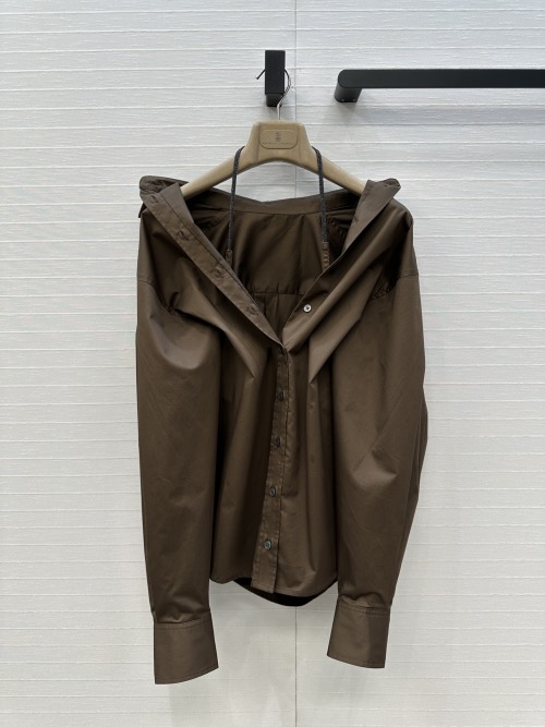 Brunello Cucinelli Off-the-Shoulder Cotton Shirt with Copper Chain Detail 1 Brunello Cucinelli Off-the-Shoulder Cotton Shirt with Copper Chain Detail