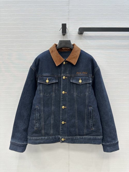 Miu Miu Denim Jacket with Corduroy Collar - Classic H Fit, Warm & Stylish 1 Miu Miu Denim Jacket with Corduroy Collar - Classic H Fit, Warm & Stylish