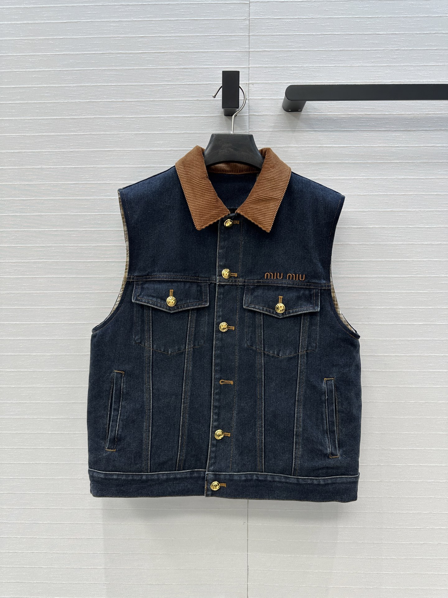 Miu Miu Denim Vest with Corduroy Collar - Vintage Style, Sleeveless Jacket