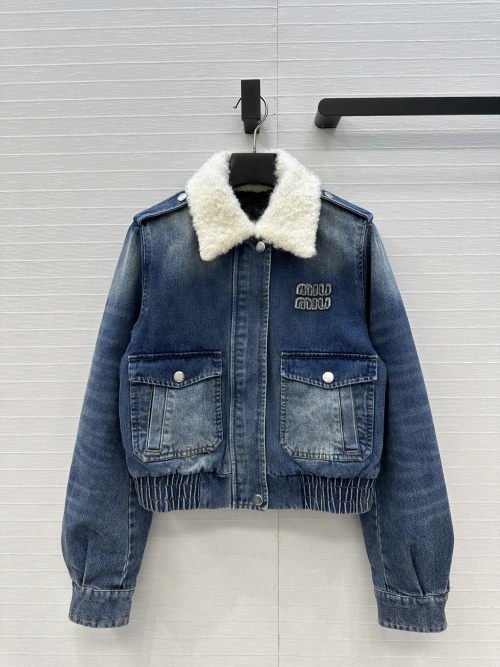 Miu Miu Denim Jacket with Shearling Collar - Women's Fashionable Outerwear 1 Miu Miu Denim Jacket with Shearling Collar - Women's Fashionable Outerwear