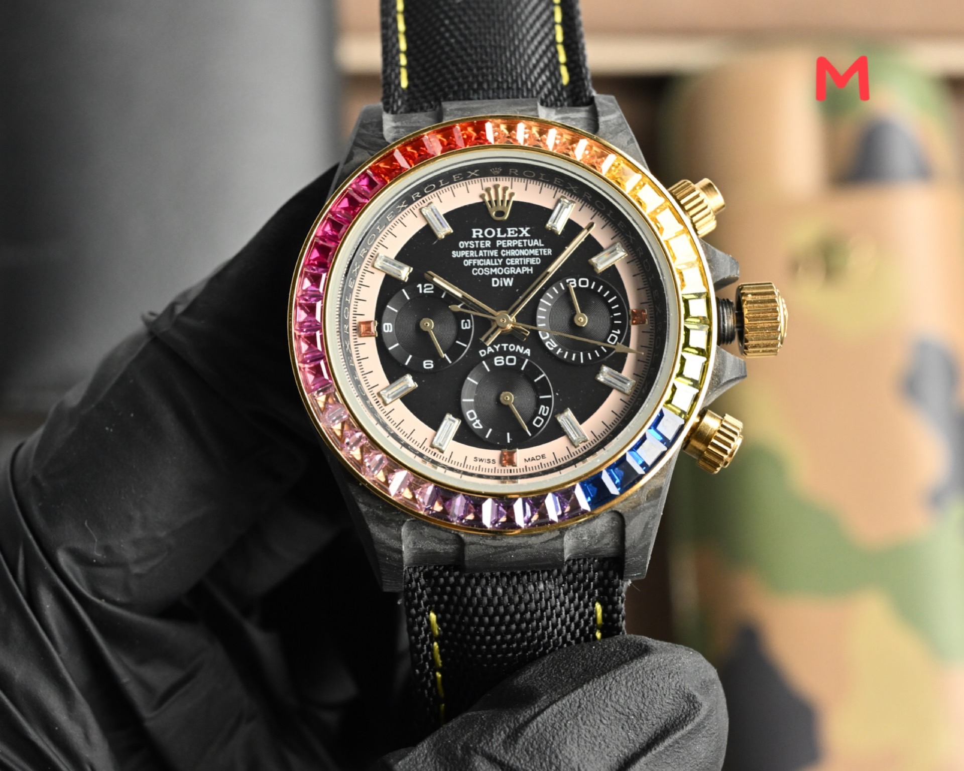 Rolex Daytona black carbon case, black bezel, black dial, black strap with red accents 40mm Men's Automatic