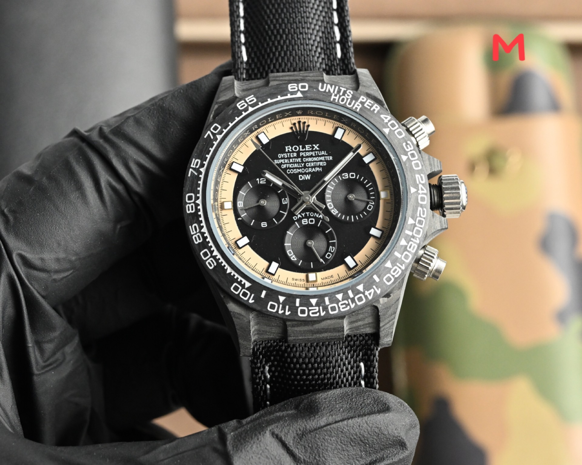 Rolex Daytona black carbon case, black bezel, black dial, black strap with red accents 40mm Men's Automatic