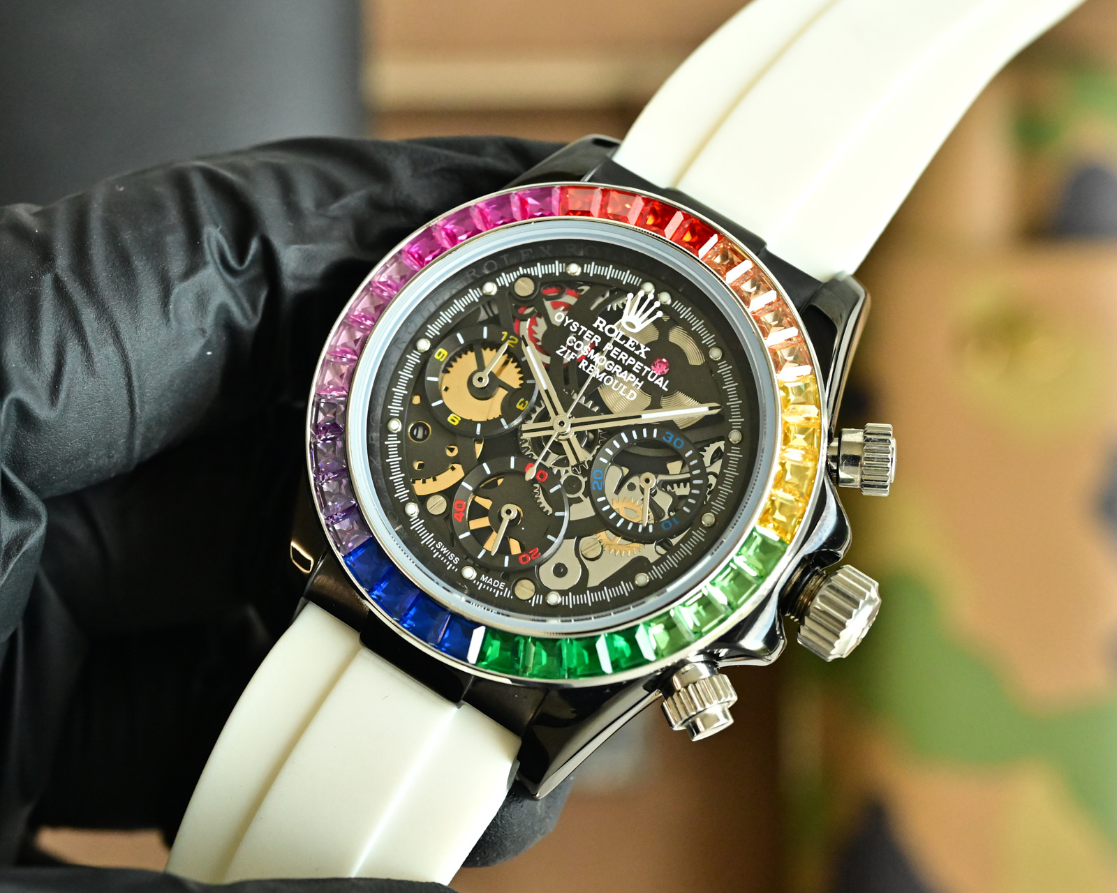 Rolex Daytona Rainbow Skeleton black case, rainbow gemstone bezel, black skeleton dial, white rubber strap 43mm Men's Automatic