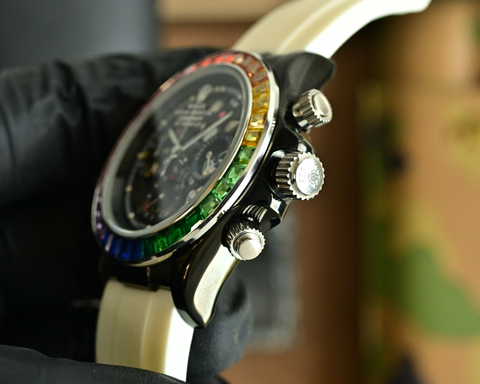 Rolex Daytona Rainbow Skeleton black case, rainbow gemstone bezel, black skeleton dial, white rubber strap 43mm Men's Automatic