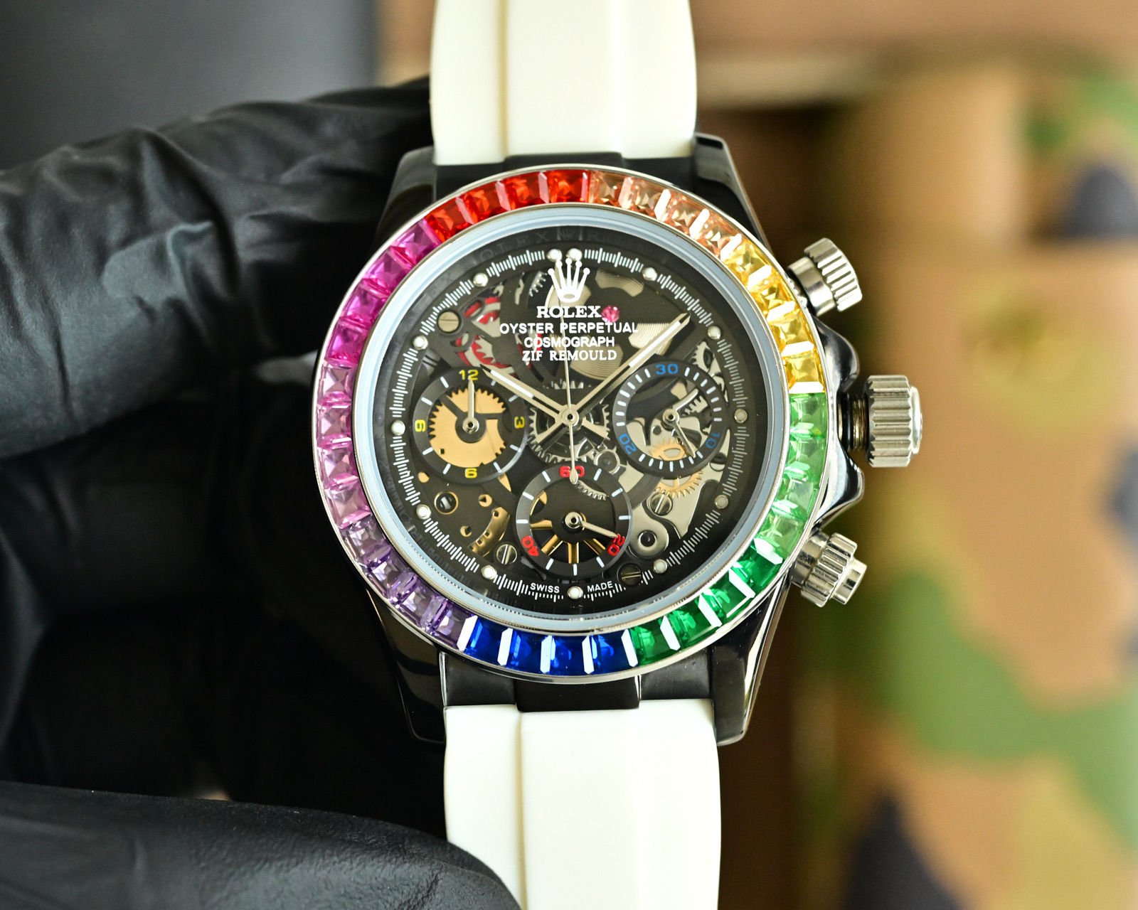 Rolex Daytona Rainbow-style custom silver case, rainbow gem bezel, black skeleton dial, black strap 43mm Men's Automatic