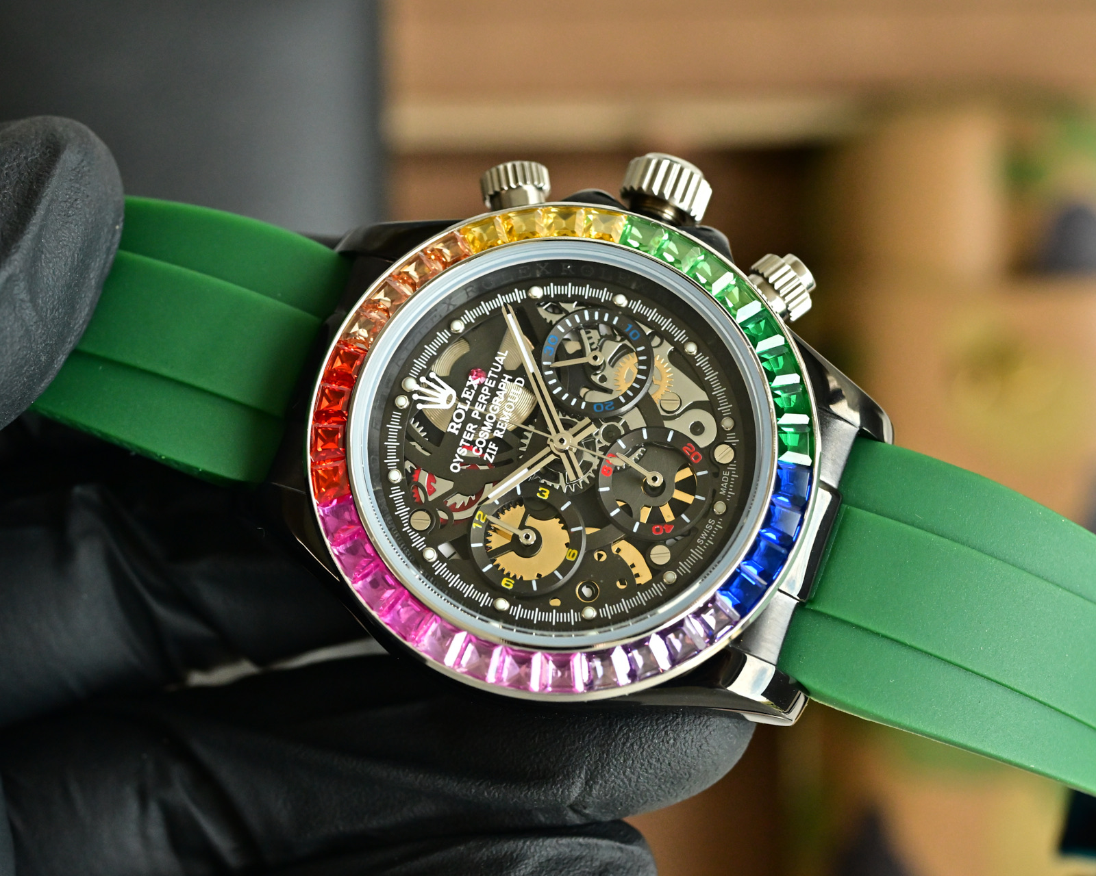 Rolex Daytona customized skeleton rainbow bezel black case, rainbow gemstone bezel, skeleton black dial, green rubber strap 43mm Men's Automatic
