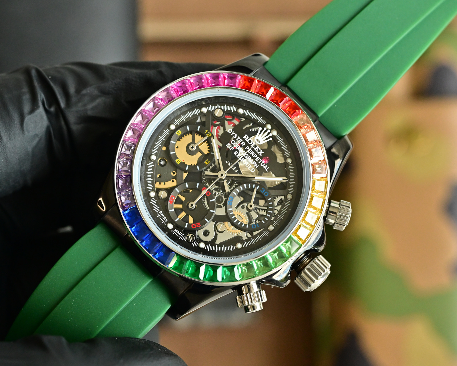 Rolex Daytona customized skeleton rainbow bezel black case, rainbow gemstone bezel, skeleton black dial, green rubber strap 43mm Men's Automatic