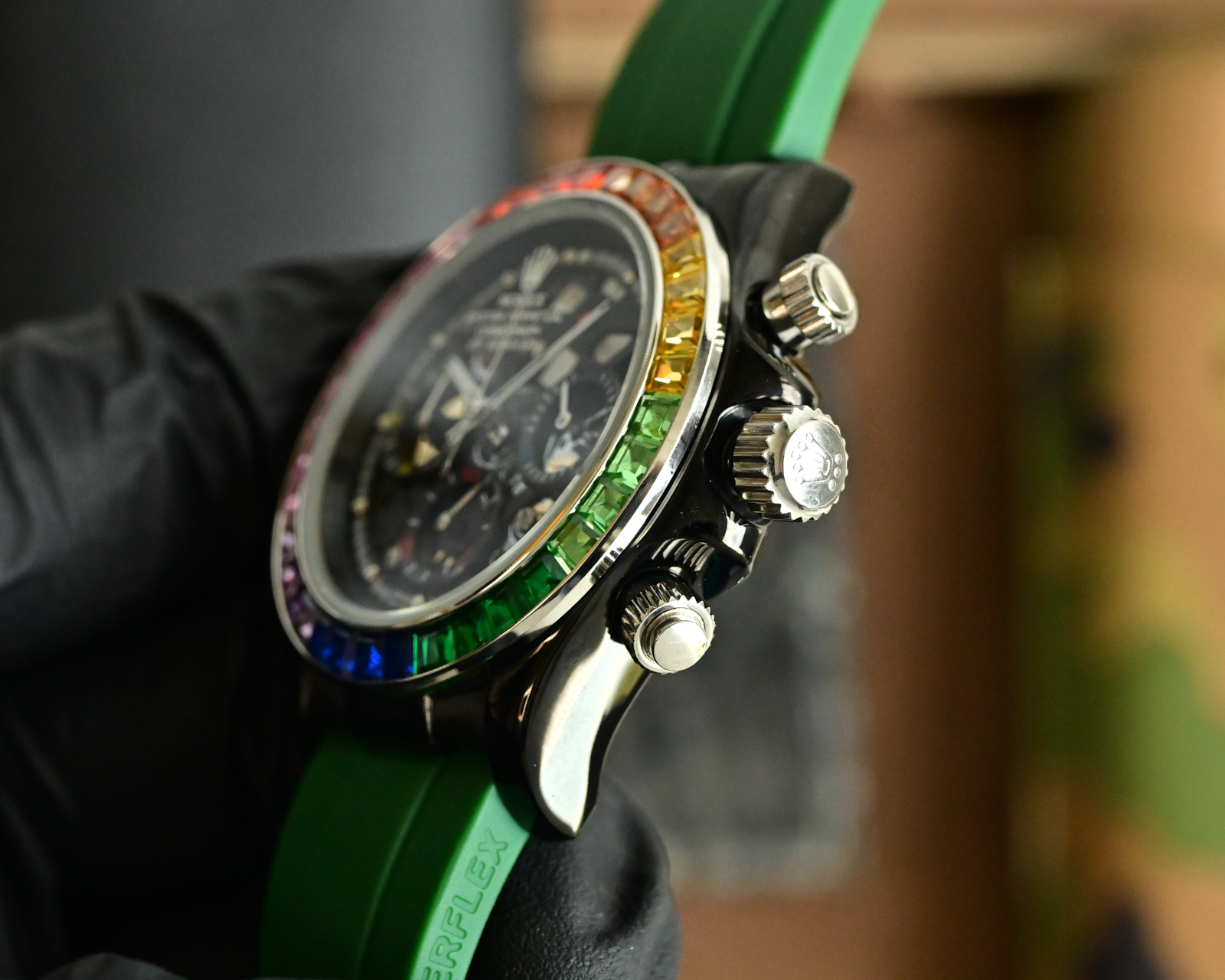 Rolex Daytona customized skeleton rainbow bezel black case, rainbow gemstone bezel, skeleton black dial, green rubber strap 43mm Men's Automatic