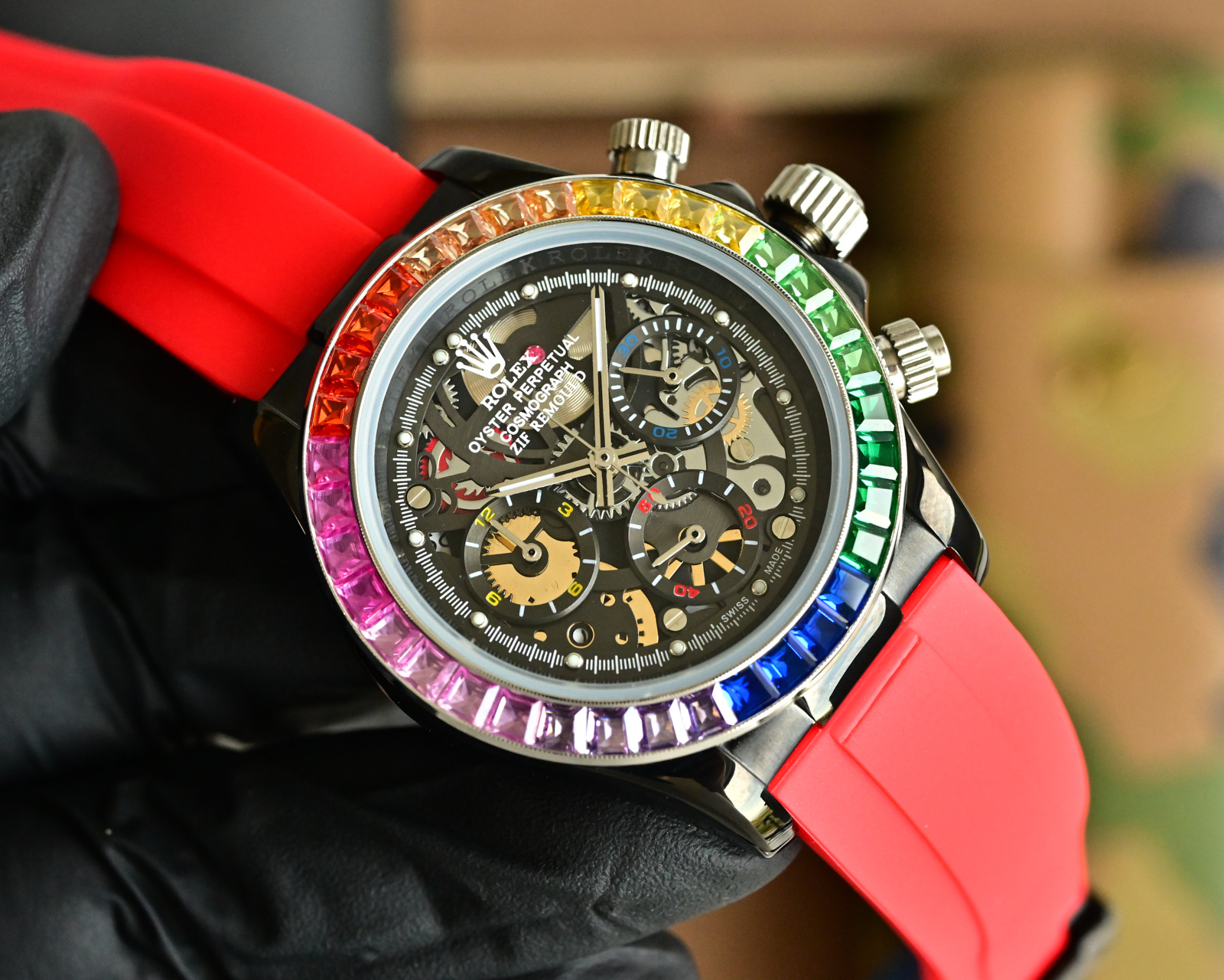 Rolex Daytona black case, rainbow gem bezel, black dial, red rubber strap 43mm Men's Automatic