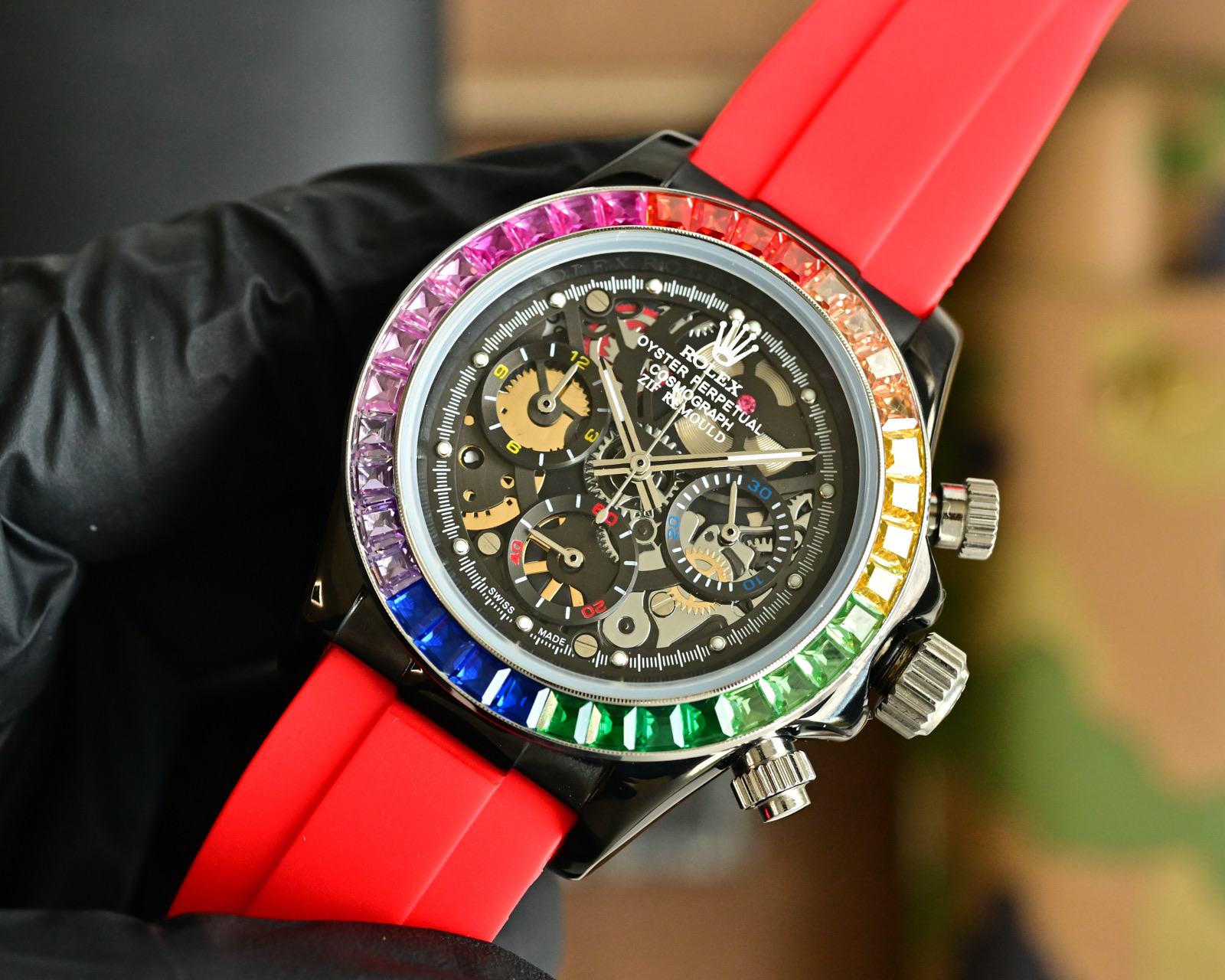 Rolex Daytona black case, rainbow gem bezel, black dial, red rubber strap 43mm Men's Automatic