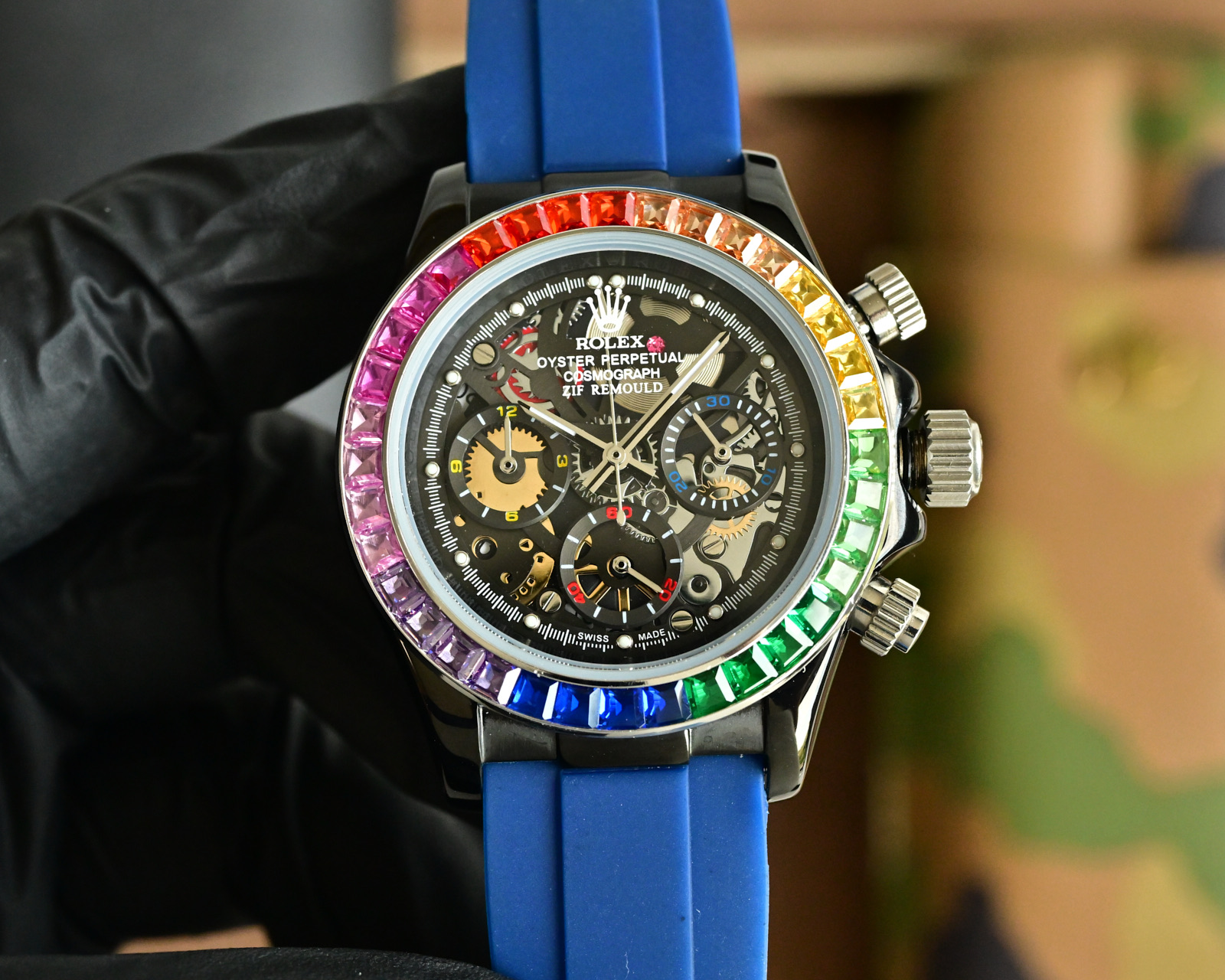 Rolex Daytona Rainbow-style custom silver case, rainbow gem bezel, black skeleton dial, black strap 43mm Men's Automatic