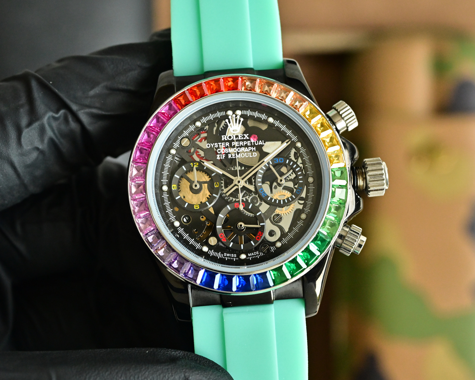 Rolex Daytona Rainbow-style custom silver case, rainbow gem bezel, black skeleton dial, black strap 43mm Men's Automatic