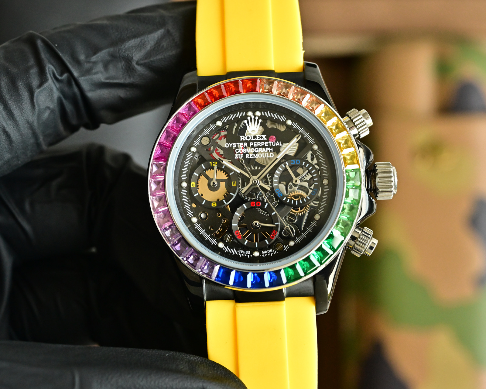 Rolex Daytona Rainbow-style custom silver case, rainbow gem bezel, black skeleton dial, black strap 43mm Men's Automatic