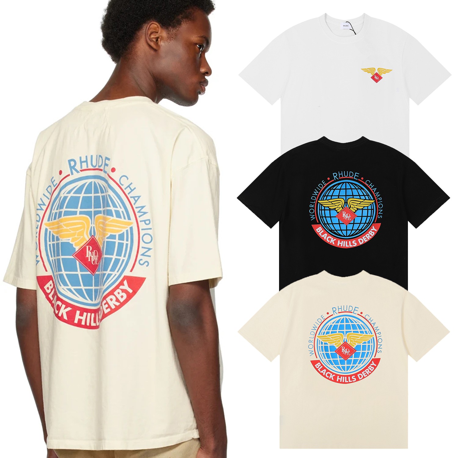 High-Quality Worldwide World Map Printed T-Shirts in Black, White, and Almond
