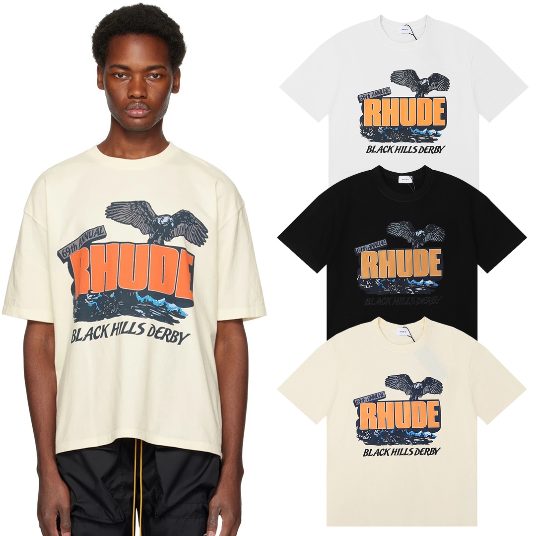 New Shadow American Rhude T-shirt: Black, White, Almond Colors, Sizes SM-XL. - 图片 7