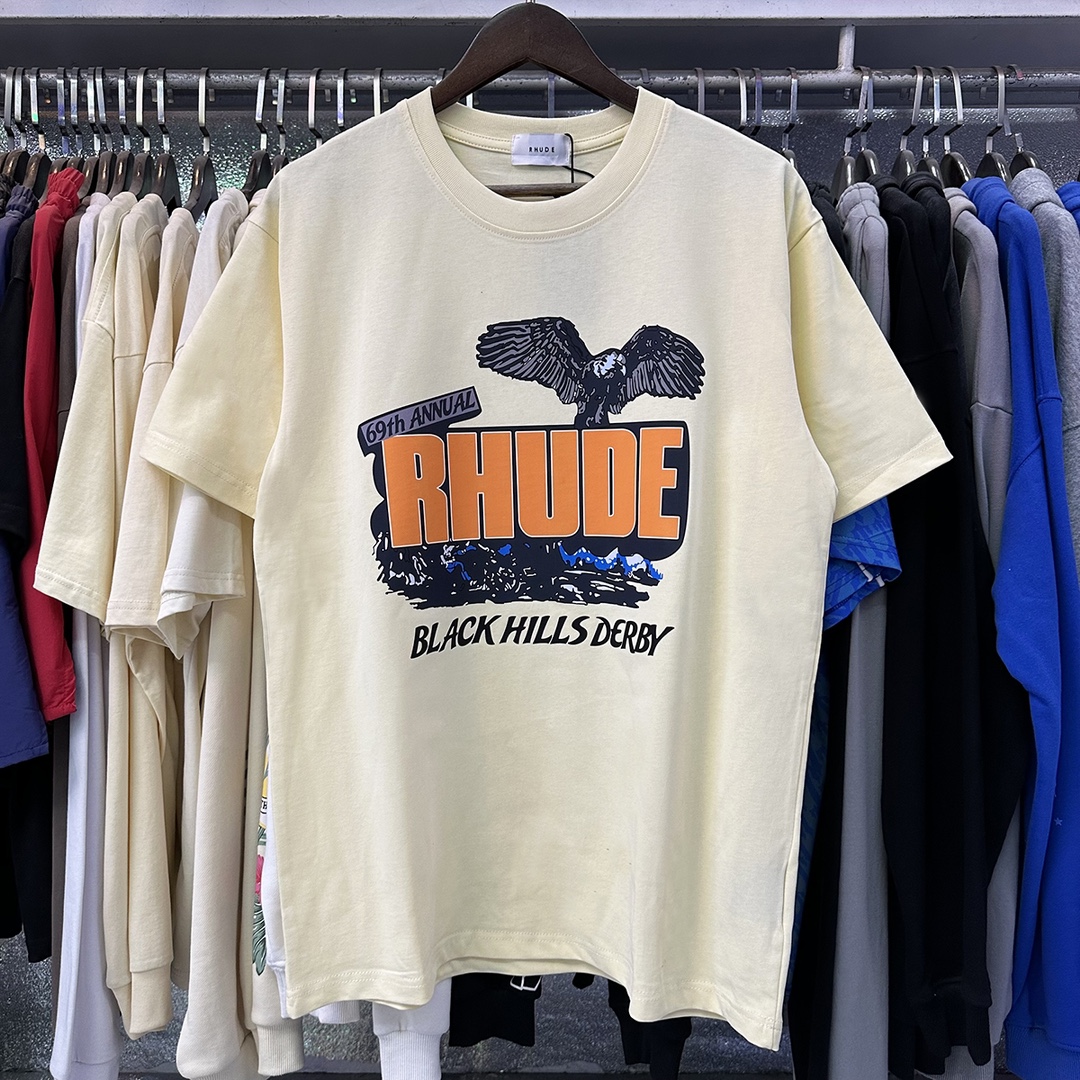 New Shadow American Rhude T-shirt: Black, White, Almond Colors, Sizes SM-XL. - 图片 5