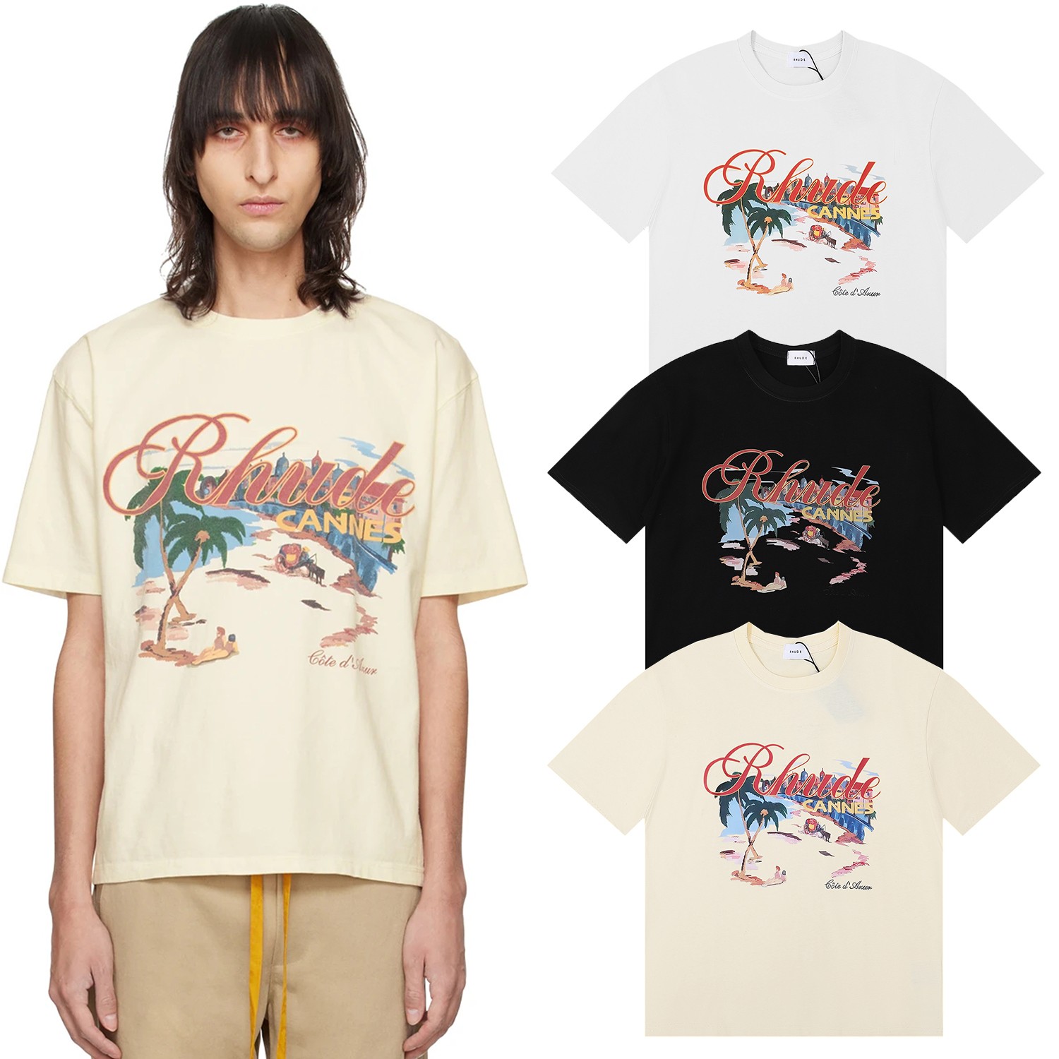 High-Quality Rhude Cannes Beach Coconut T-Shirts in Black, White, Almond, Sizes SM to XL.
