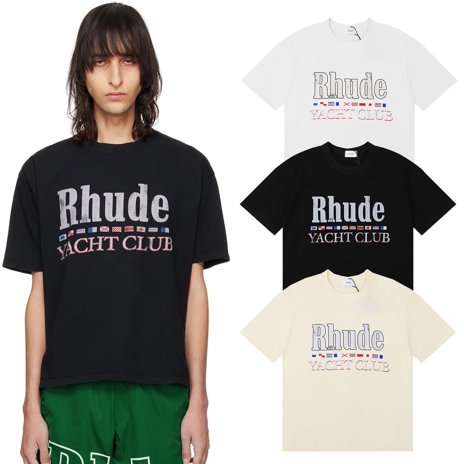 High-Quality Rhude Yacht Club Flag T-shirts in Black, White, Almond; Sizes SM to XL