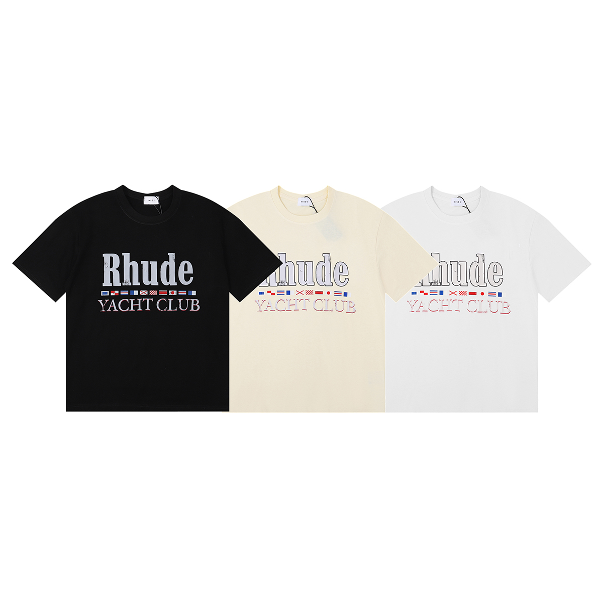 High-Quality Rhude Yacht Club Flag T-shirts in Black, White, Almond; Sizes SM to XL - 图片 4