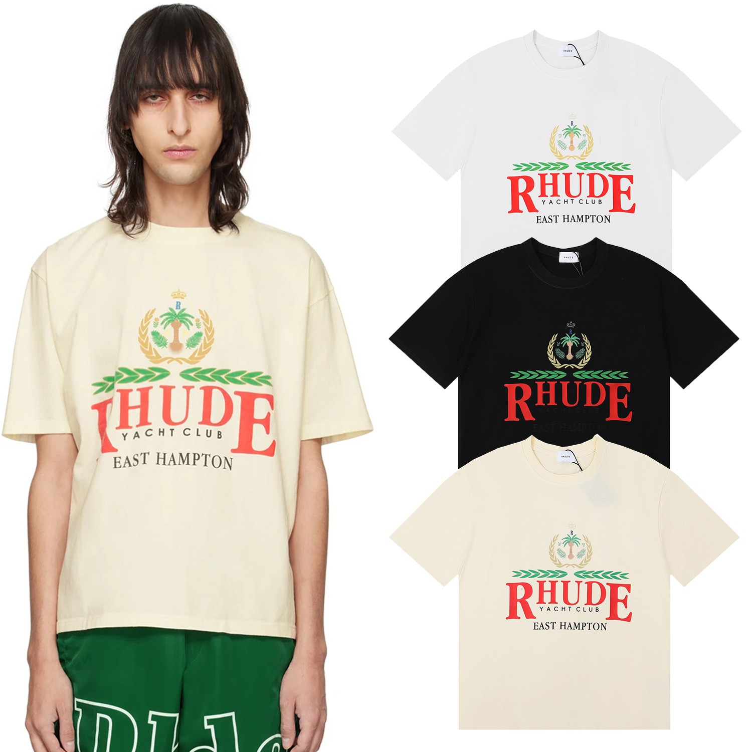 Foreign Trade T-shirt: Rhude East Hampton Crest Göker, Cotton, Leisure, Black/White/Almond, SM-XL Sizes