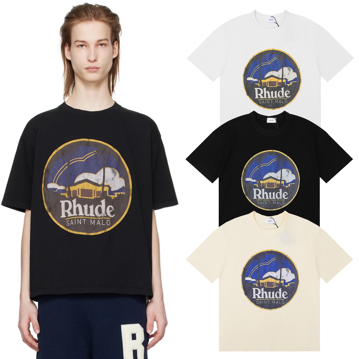 American-tide Rhude Saint Malo Castle T-shirt in Black, White, and Almond, Sizes SM-XL - 图片 1