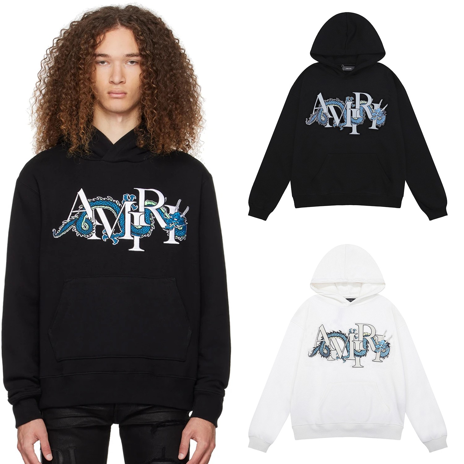 High-Quality Cotton Hoodie: Amiri Twilight Dragon Print, Black/White, Sizes S/M/L/XL (FH 9238, 2024)