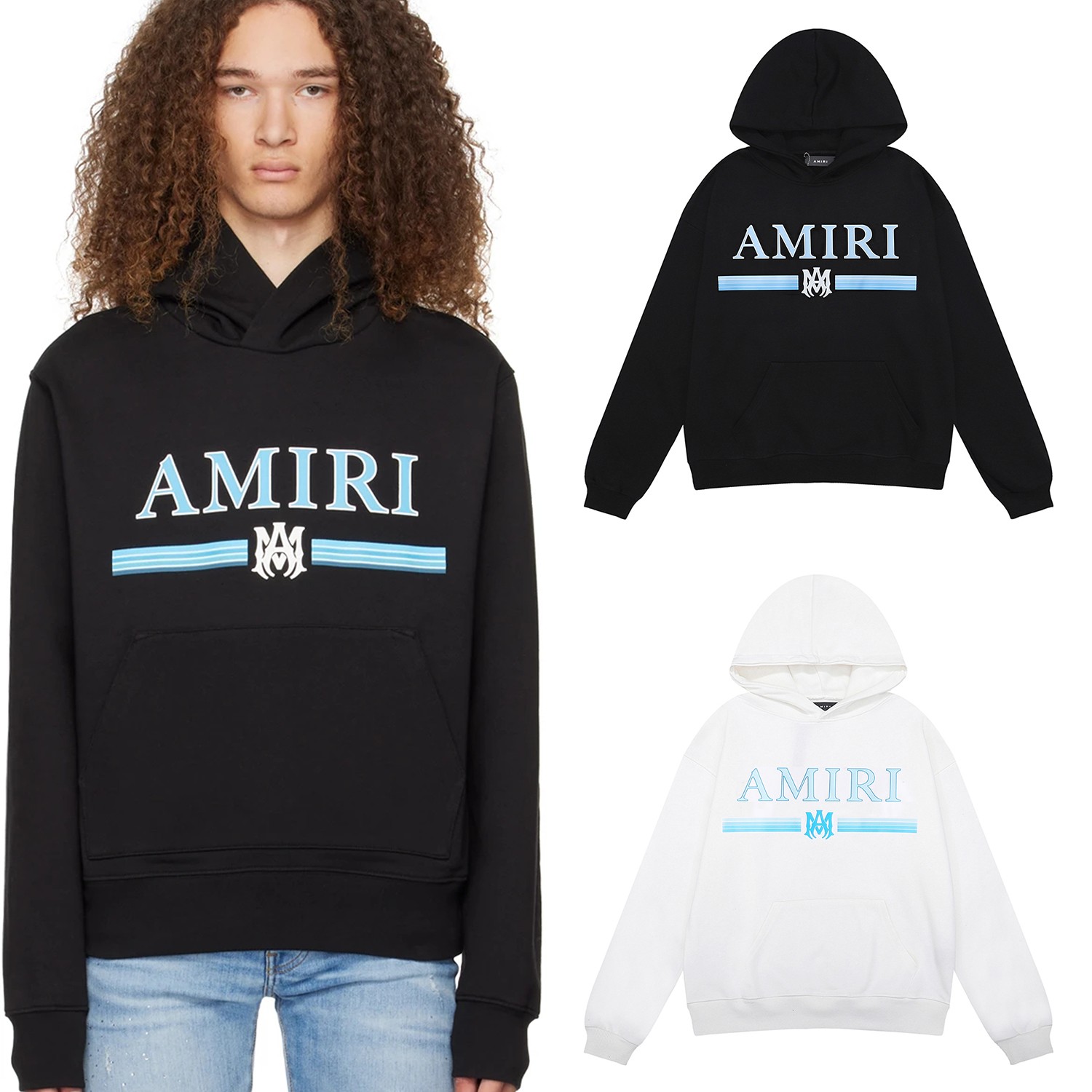 New Amiri Blue Cotton-Circle Hoodie 2024, Black/White, Sizes SM-XL.