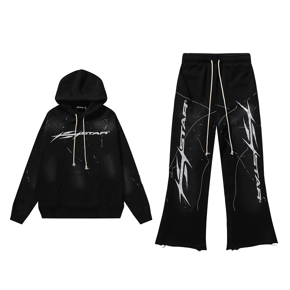 Hellstar Star Cotton Hoodie with Ink-Painted Design in Blackwashing, Sizes SM-XL