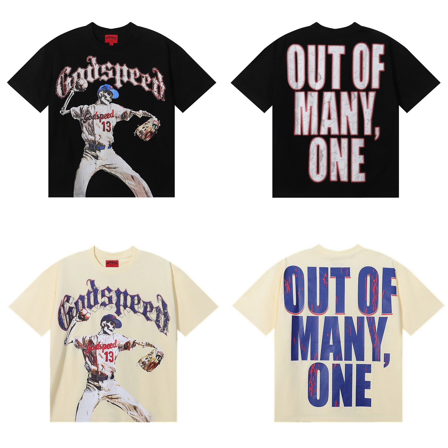 编号7017，美潮Godspeed骷髅棒球运动员13号高克重双纱纯棉圆...