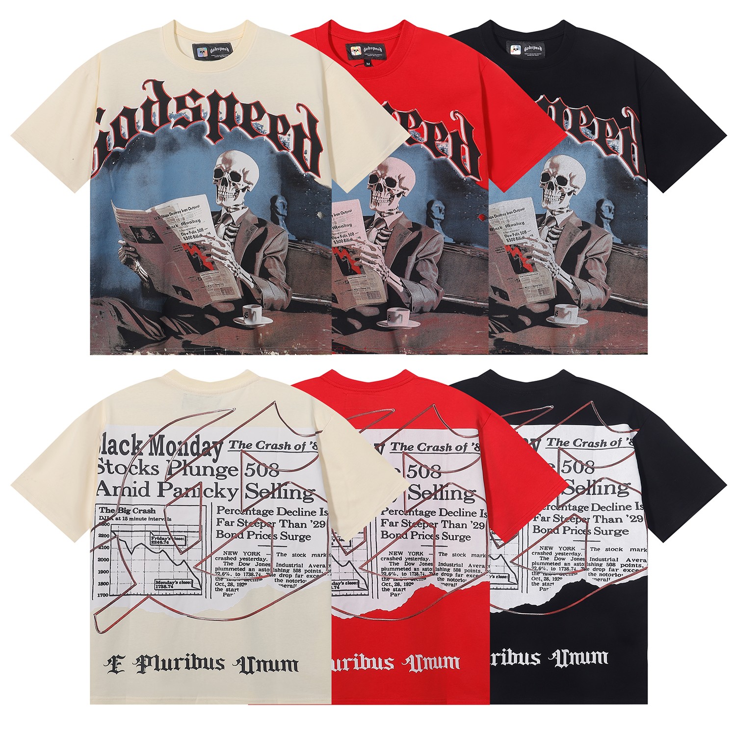 编号7037，美潮Godspeed看报骷髅印花高克重双纱纯棉休闲短...