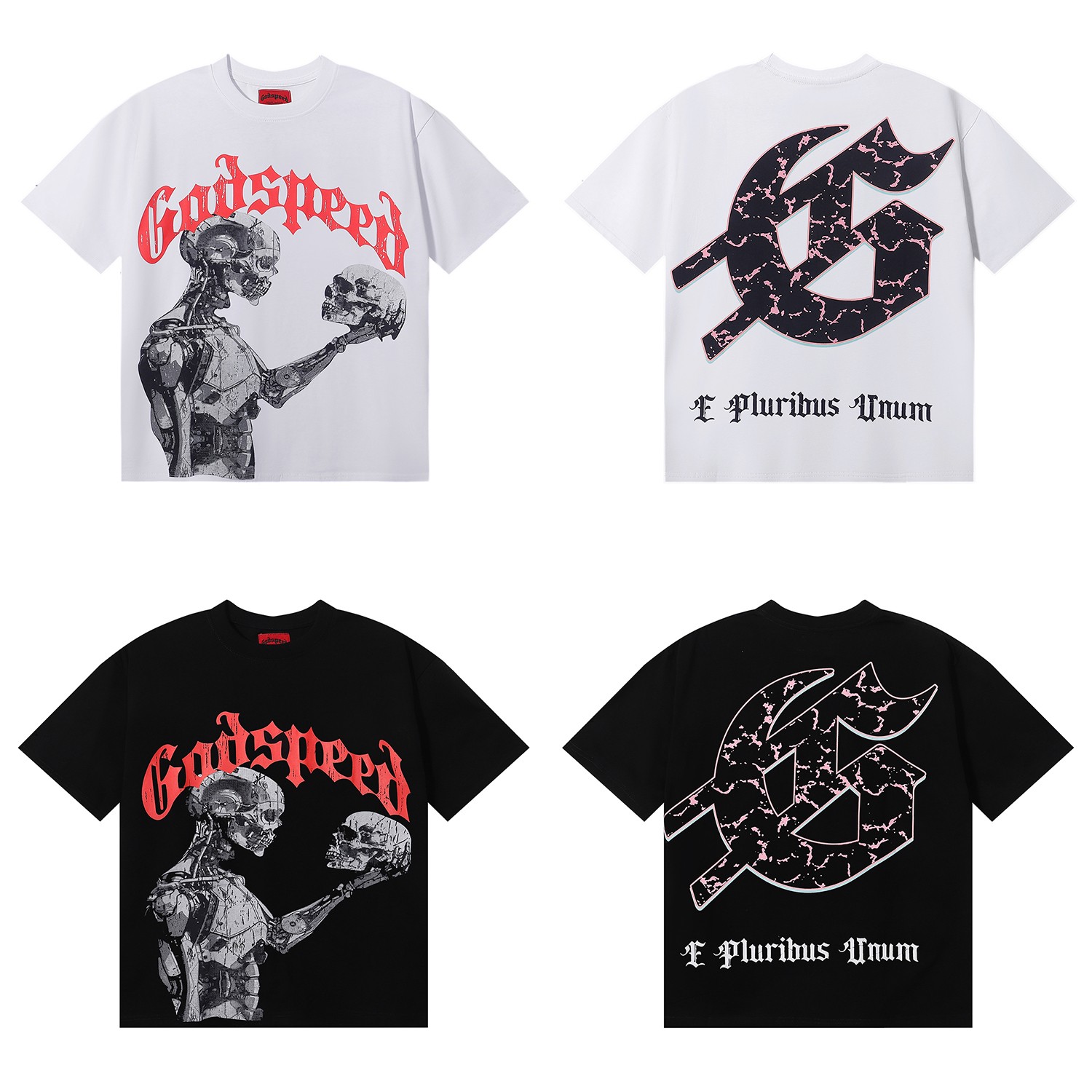 编号7038，2025美潮Godspeed科技凝视骷髅头印花高品质双纱纯...