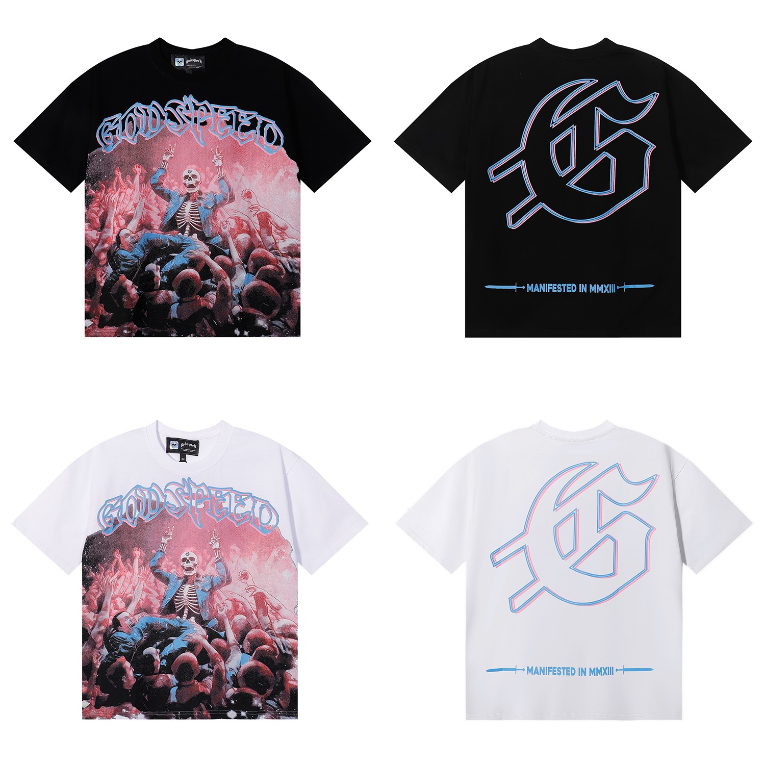 编号7056，美潮Godspeed骷髅簇拥人群印花高品质双纱纯棉休...