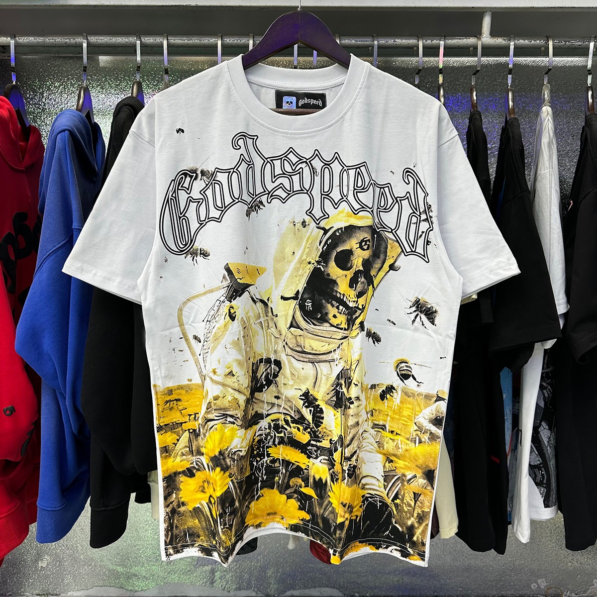 实拍图，编号7057，美潮Godspeed骷髅蜜蜂向日葵印花高品质...