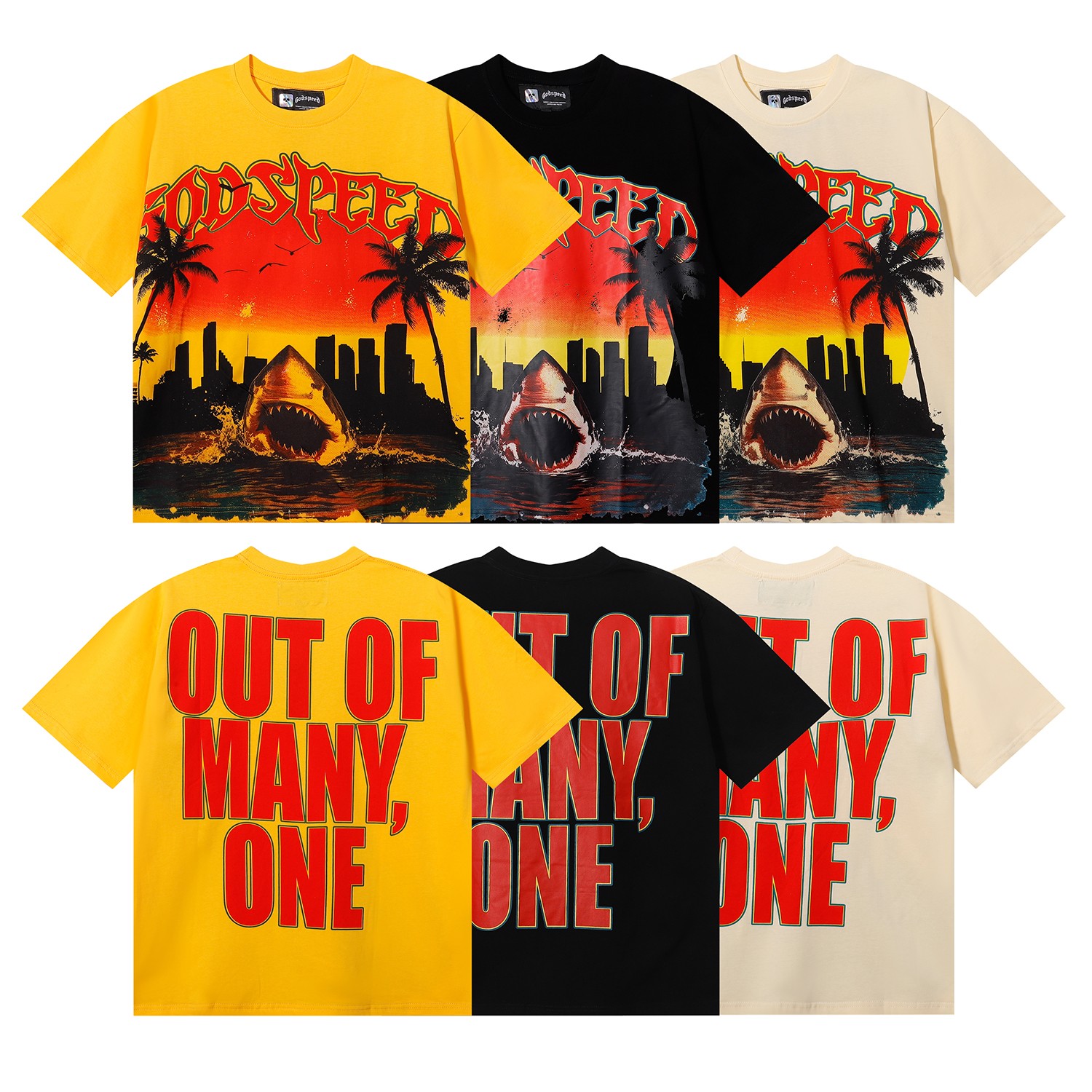 编号7058，美潮Godspeed城市椰树鲨鱼印花高品质双纱纯棉休...