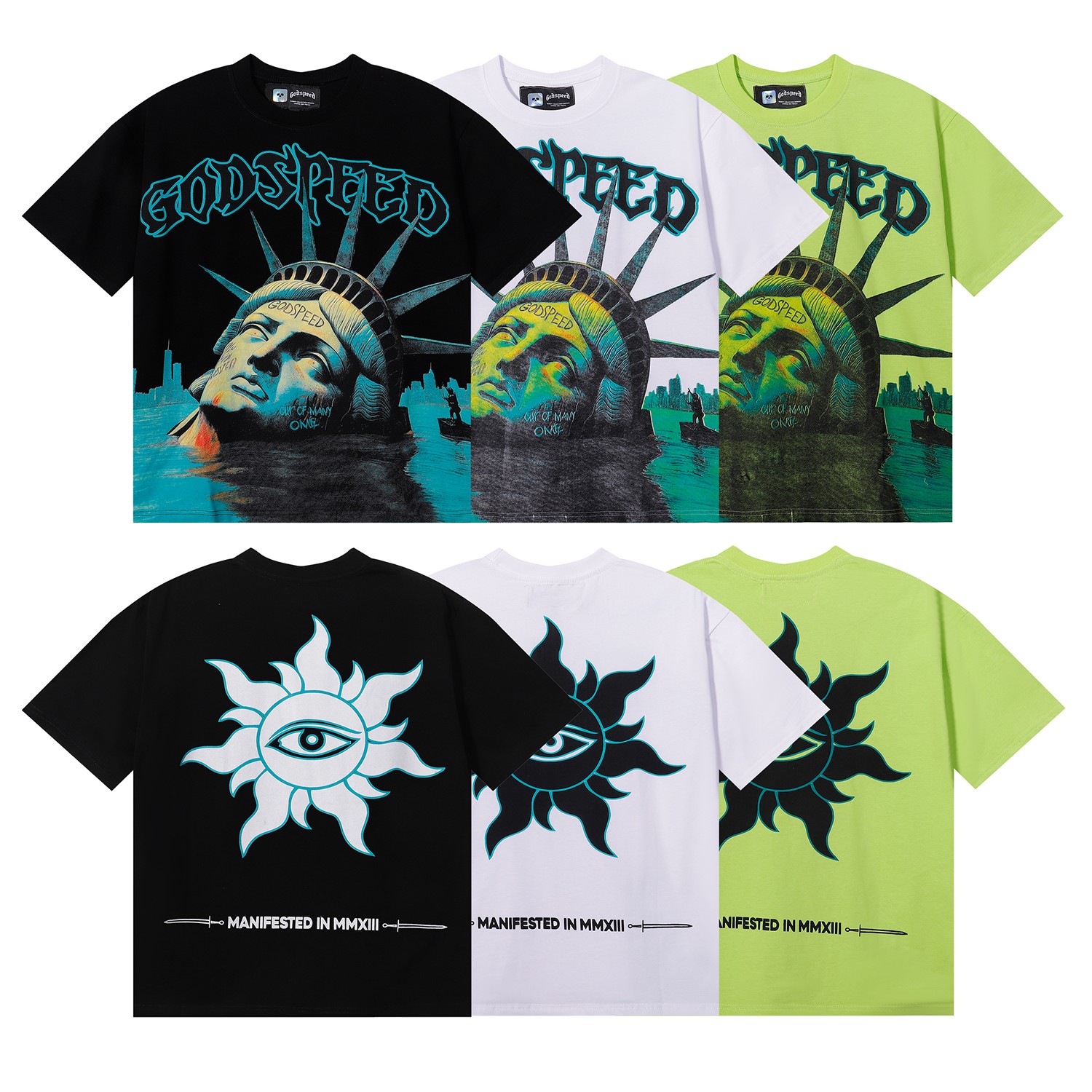 编号7060，美潮Godspeed溺水自由女神印花高克重双纱纯棉圆...