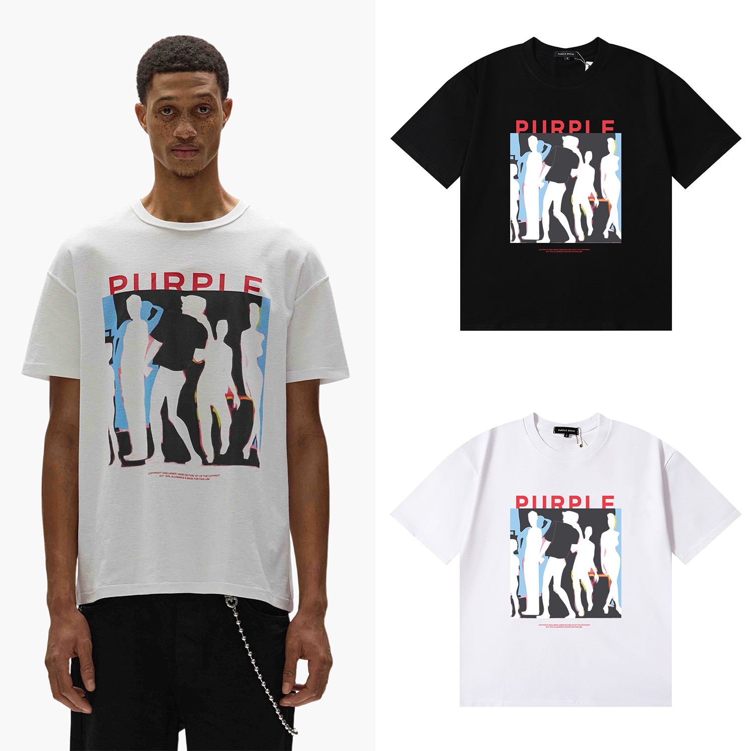 编号3075，美潮Purple Brand模特影子印花高品质双纱纯棉休闲...