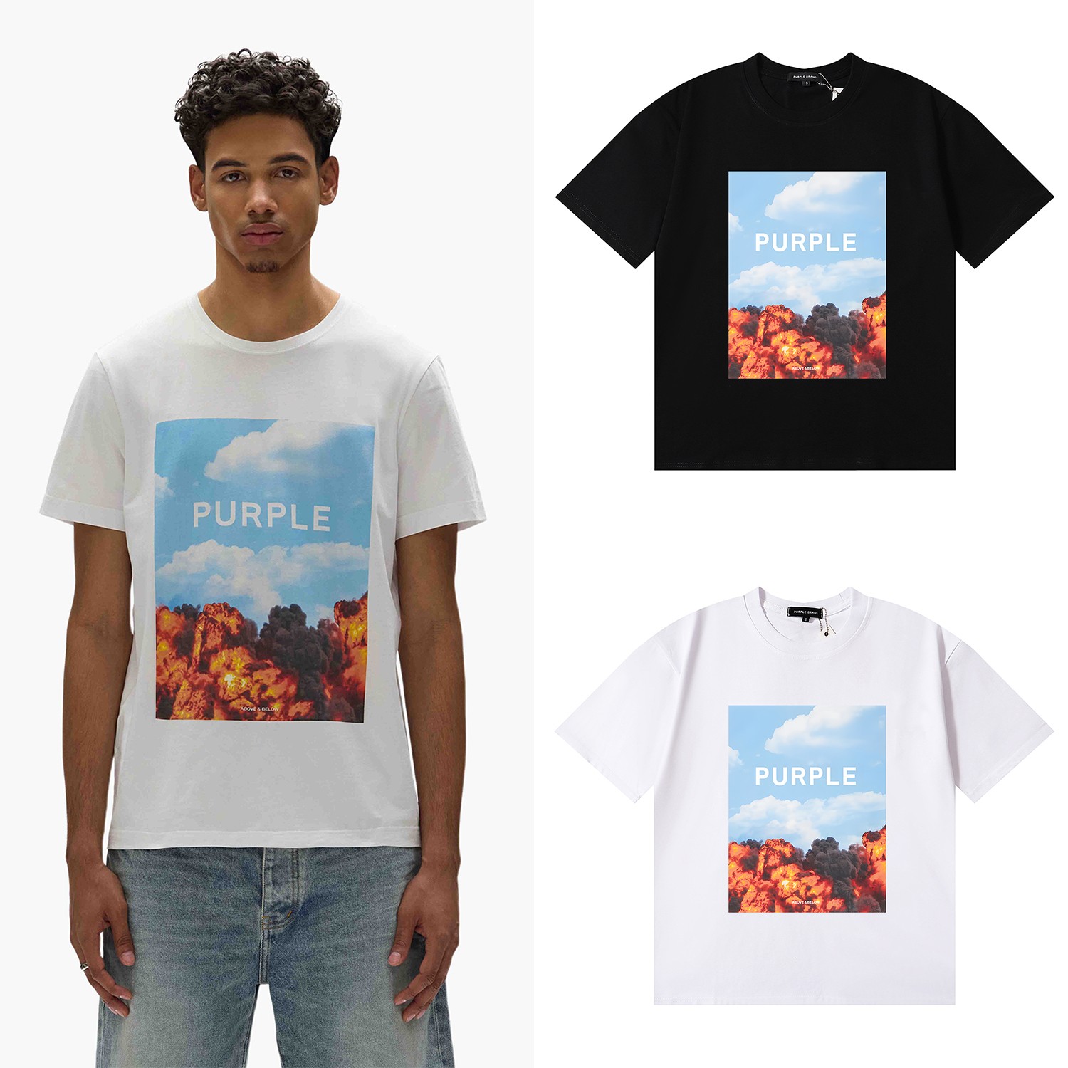 编号3073，美潮Purple Brand蓝天白云烈焰印花高品质双纱纯棉...