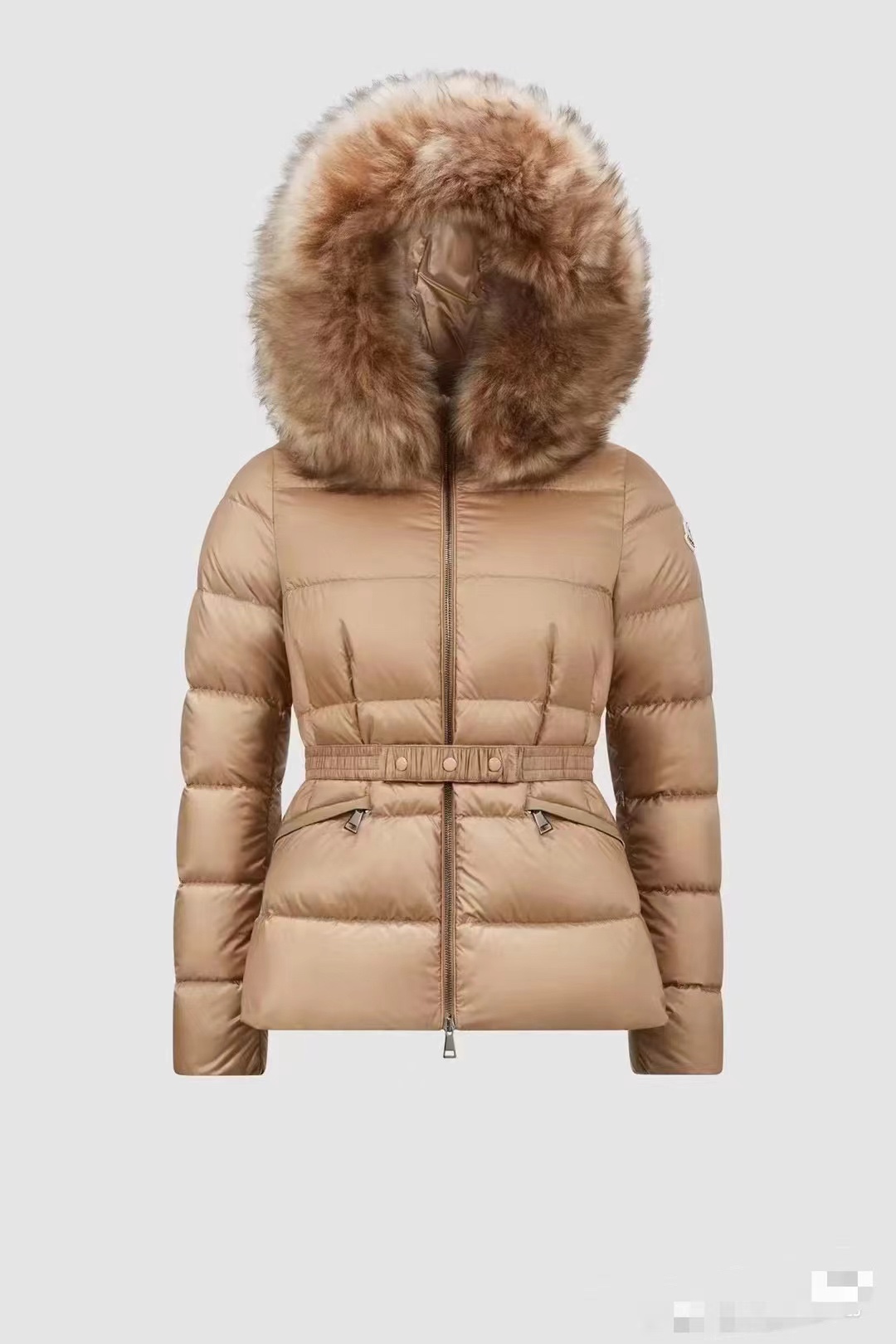 Moncler Boed women's short down jacket with fur trim. Soft silhouette, belt. Colors: black, white, green. Sizes 1-4.-Big cat