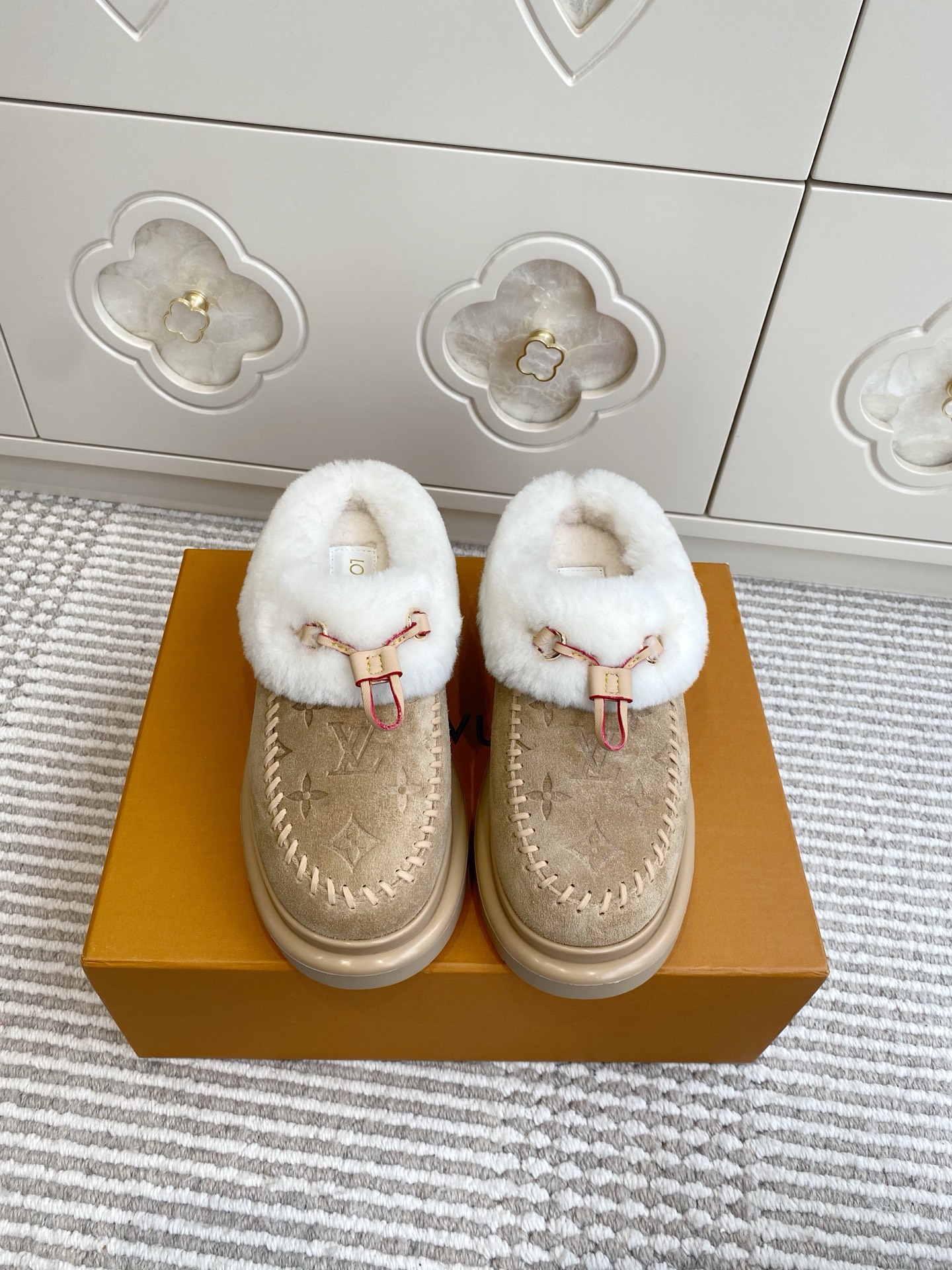 Louis Vuitton Women's Shearling Lined Suede Mules | Cozy & Stylish