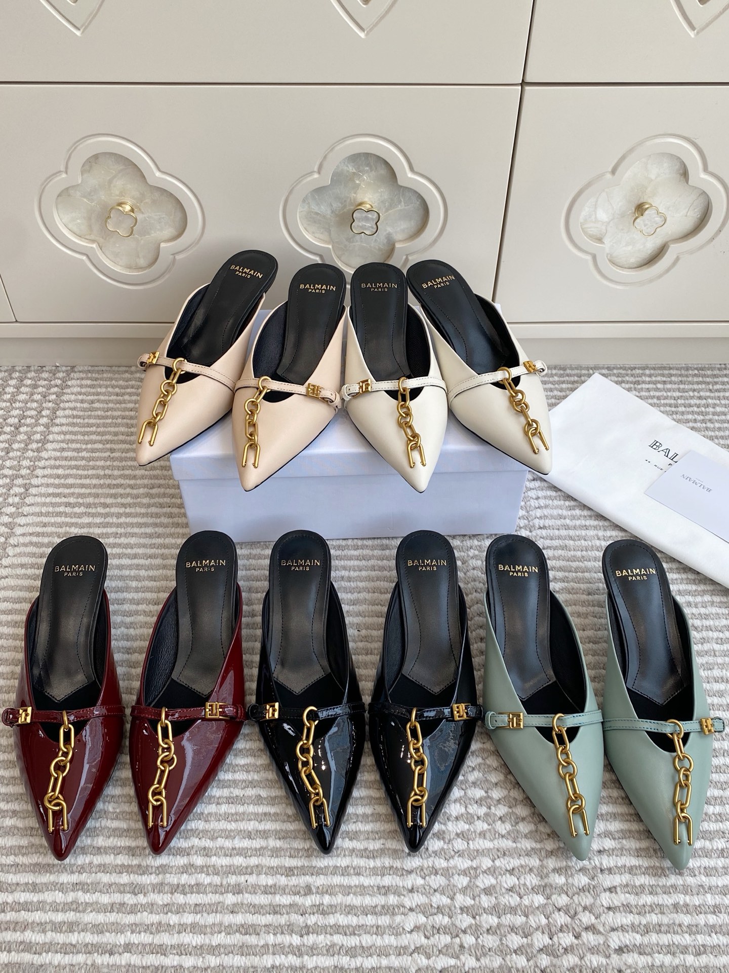 NO:760304,Balmain·Chain pointed toe mules slippers·35-41, half drag, balmain, slippers19860909Balmain·链条尖头穆勒拖鞋·35-41,半拖,balmain,slippers,Women's Shoes