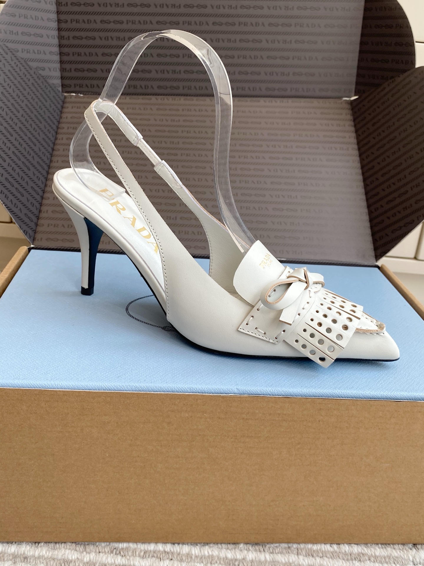 Prada  Fringe Bow Pointed-Toe Slingback Heels 