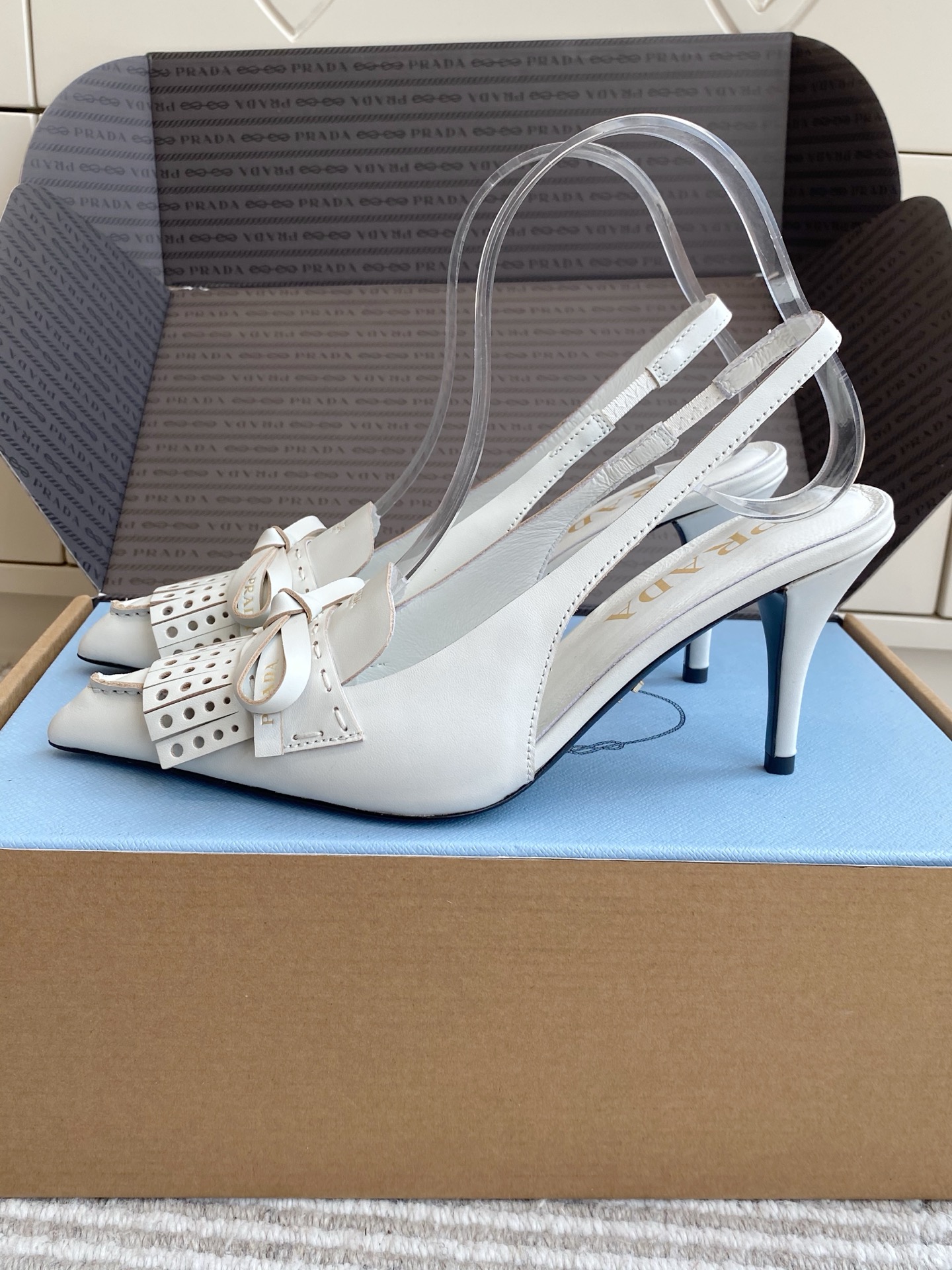 Prada  Fringe Bow Pointed-Toe Slingback Heels 